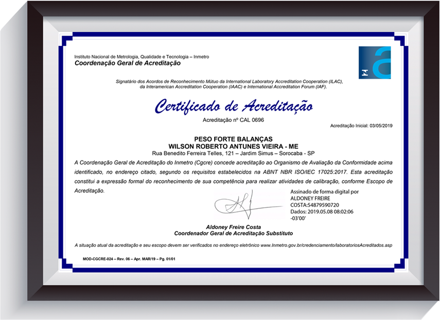 Certificado de Acreditação Inmetro CAL 0696